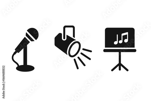 Singing performance icons solid filled vector set featuring stage microphone, spotlight, music stand, and musical notes, professional concert elements on transparent background