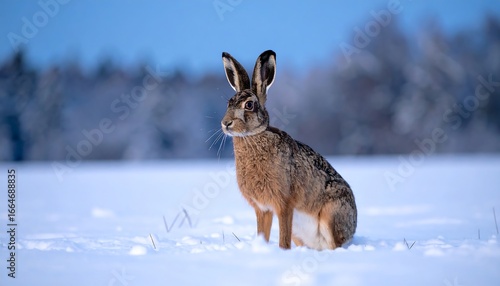 A brown hare sits in a snowy field, looking towards the viewer, with a blurred winter forest background
