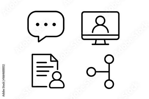 Team Collaboration Tools Icons Set, Outline Style, Includes Chat Bubble, Video Call Screen, Shared Document, Version Control Symbol, Vector Illustration on Transparent Background