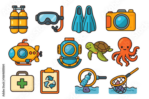 Marine icon set for ocean conservation and underwater exploration. Vector cartoon collection with diving equipment, sea animals, submarine, and plastic pollution cleanup tools.