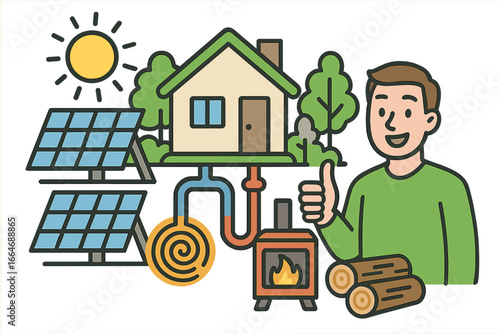 Renewable energy solutions for home. Sustainable living with solar panels, geothermal heating and wood stove. Eco friendly house. Green technology concept. Cartoon vector icon.