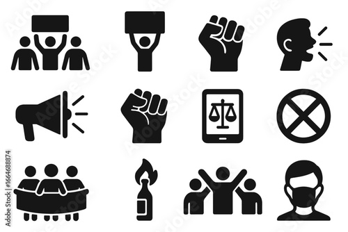 Protest and activism solid icon set. Vector glyphs for demonstration, rights, and revolution. Crowd, raised fist, megaphone, and justice. Social movement concepts.