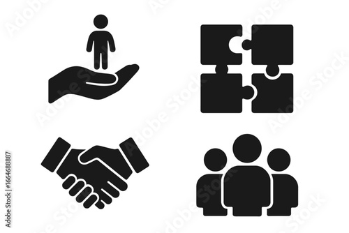 Teamwork icons grid solid filled vector set of team support collaboration helping hand puzzle pieces handshake group people partnership unity concept