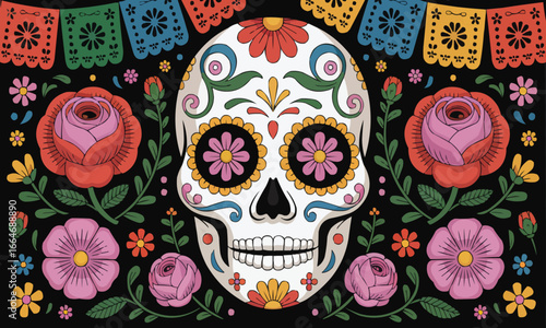 Day of the Dead Skull Surrounded by Flowers and Banners A Vibrant and Festive Illustration for Celebrations and Cultural Events Honoring Ancestors with Colorful Imagery