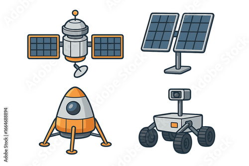 Space exploration vector icon set. Cartoon satellite, rover, landing module, and solar panel. Galaxy research technology. Spaceship, probe, and mars rover icons for kids.