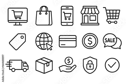 E-commerce shopping line icon set. Online retail, payment and delivery icons. Vector illustration for web, mobile app. Includes cart, bag, store, secure payment, sale.