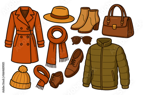 Autumn fashion clothes set for men and women. Seasonal fall and winter apparel collection with coat, jacket, boots, shoes, hat, scarf and bag. Vector cartoon illustration.