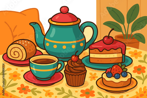 Vector cartoon illustration of a cozy afternoon tea party with a colorful tea set. Table spread with various cakes, desserts, pastries, cupcake, and a sweet swiss roll.