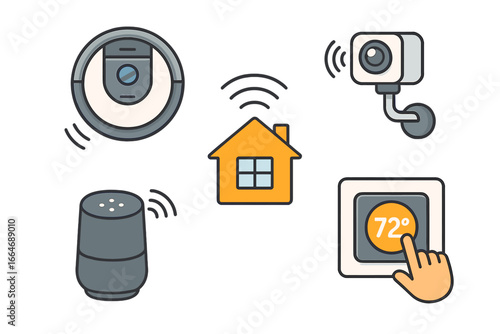 Smart home devices illustration showcasing connectivity and automation in modern living spaces with robot vacuum, security camera, smart speaker, and thermostat for enhanced convenience