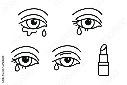 Teary-eyed makeup icons set, eyeliner smudge, mascara clumps, wet lashes, glossy eyelid effects, lipstick vector illustration, beauty and cosmetics outline symbols