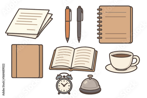 Set of office supplies and stationery icons. Collection of vector objects for work or study: paper, pen, notebook, book, binder, alarm clock, coffee, and reception bell.