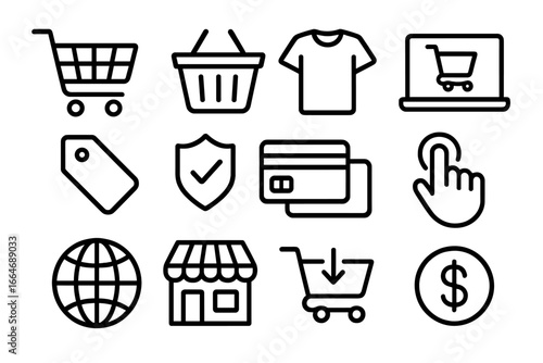 E-commerce line icon set. Online shopping, retail, internet store concepts. Thin line vector icons for web and mobile apps. Includes cart, secure payment, checkout, currency.