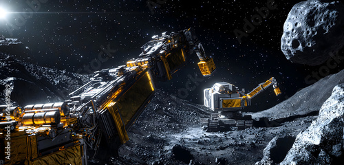 Experience the future of space exploration with advanced mining equipment excavating resources on a distant asteroid under the starry sky tonight