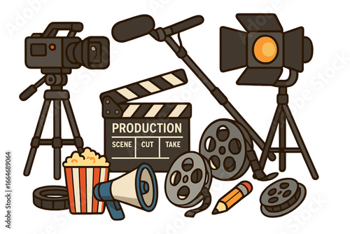Film production equipment set for movie making. Cinema icons collection with camera, clapperboard, microphone, and light. Vector illustration for filmmaking and entertainment.