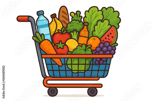 Shopping cart full of fresh groceries, fruits and vegetables. Healthy food concept. Supermarket trolley with natural organic products for a healthy diet and nutrition. Vector cartoon.