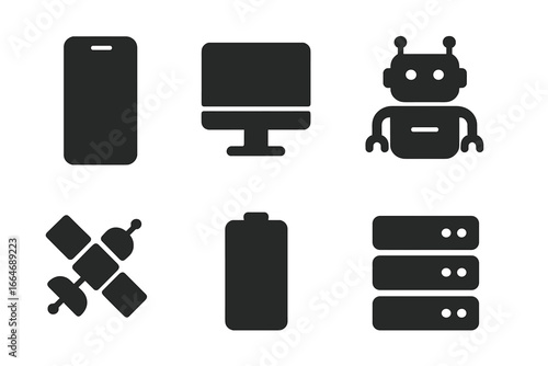 Technology icons grid with solid filled symbols, smartphone, computer, robot, satellite, battery, wifi signal, and server vector illustration on transparent background