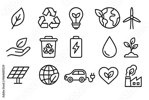 Eco friendly outline icon set. Sustainability, recycling, green tech symbols. Renewable energy, conservation, and ecology pictogram collection. Electric car, solar panel vector.