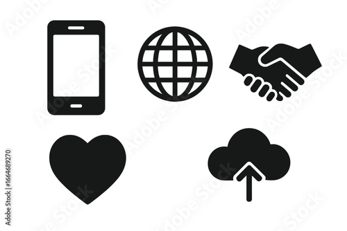 Tech for Social Good Icons Set, Solid Black Filled Symbols of Smartphone, Globe, Handshake, Heart, Data Cloud Upload, Digital Connectivity and Collaboration Vector Illustration