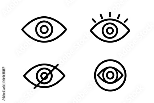 Eye outline icon set. Vision, see, look and view symbols. Linear collection for branding, UI, UX design. Concept of visible, invisible, privacy and security. Simple pictogram.