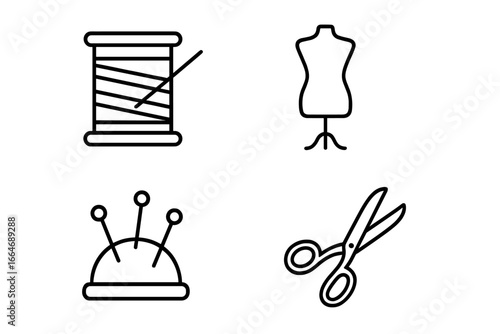 Sewing and tailoring icons set. Outline vector symbols for dressmaking and needlework. Includes thread, scissors, mannequin and pincushion. Handmade craft tools illustration.