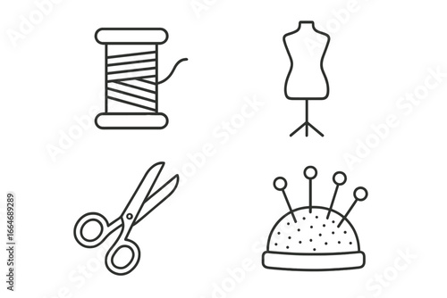Sewing and tailoring linear icons set. Editable stroke symbols for dressmaking and needlework. Includes thread spool, scissors, mannequin, and pincushion vector icons.