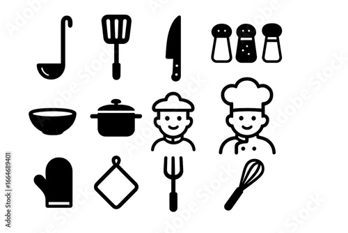 Vector set of cooking icons. Chef, kitchen utensils, pot, knife for restaurant menu. Minimalist graphic symbols for gastronomy, culinary blog, and food preparation.