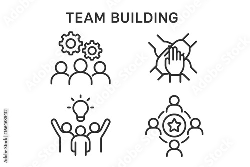 Team Building Outline Icons Set of 4 – Linear Collaboration, Group Activity, Teamwork, Cooperation, Idea Sharing, Connected People, Vector Illustration on Transparent Background