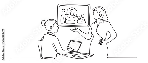 Continuous one line drawing businesswoman employee explain data in screen to manager. Training and workshop concept. Single line draw design. Vector black silhouette. with white background