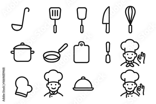 Set of cooking and kitchen line icons. Collection of culinary symbols for restaurant menu, cooking class, or food blog. Vector illustration of chef, pot, pan, and utensils.