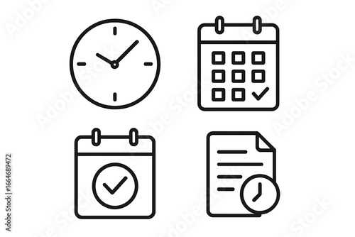 Time management outline icons set of 4, clocks, calendars, schedule symbols, checklist marks, organization, planning and productivity concepts, vector illustration on transparent background