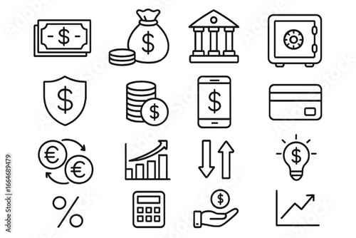 Finance and banking line icon set. Money, investment, and currency symbols collection. Vector icons for business, economy, payment, growth, and market analysis concept.