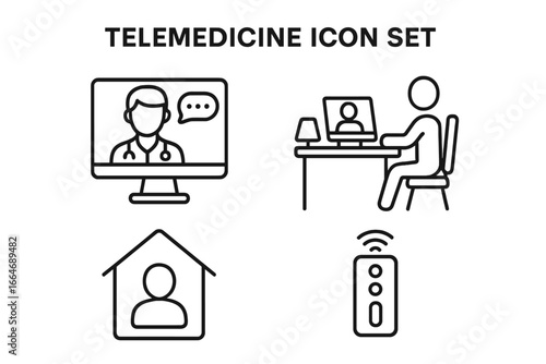 Telemedicine Icon Set, Outline Medical Technology Vector Icons for Remote Healthcare, Video Consultation Screen with Doctor, Patient at Home Desk, Wireless Health Devices