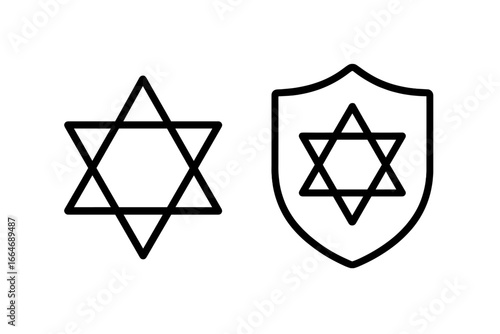 Star of David vector line icon set. Jewish religious symbol Magen David inside a shield. Judaism and Israel national sign. Isolated minimalist graphic element for design.