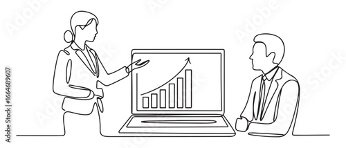 Continuous one line drawing businesswoman employee explain data in screen to manager. Training and workshop concept. Single line draw design. Vector black silhouette. with white background