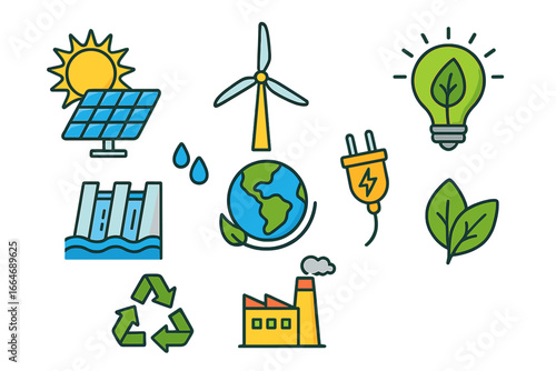 Vector icon collection of renewable energy sources. Sustainability and ecology concept. Green power, solar panel, wind turbine, hydro dam, earth, recycle symbol. Eco friendly.
