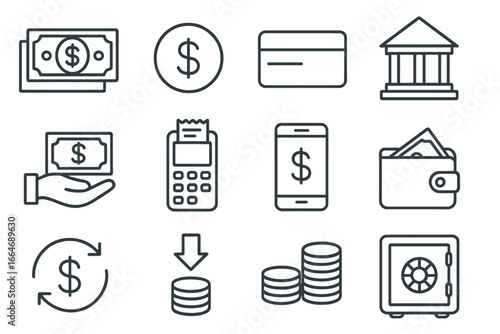 Finance and banking line icon set. Money, currency, payment, and exchange symbols. Vector financial icons for mobile banking, online transaction, credit card, and savings.