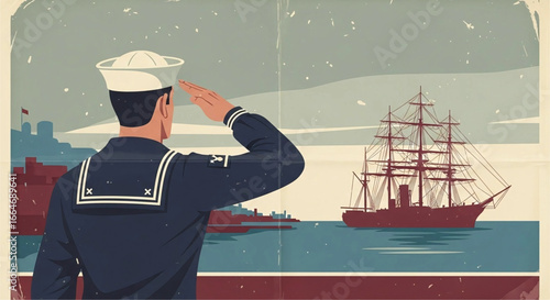 A Sailor's Farewell: Nostalgic Scene of Service and Departure with a majestic ship, evoking feelings of duty and anticipation of journey into the unknown waters
