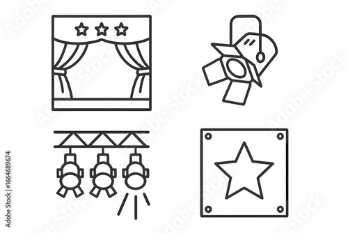 Theater line icons set for performance and event design. Vector graphics collection includes stage with curtain, lighting rig, spotlight, and Hollywood walk of fame star.