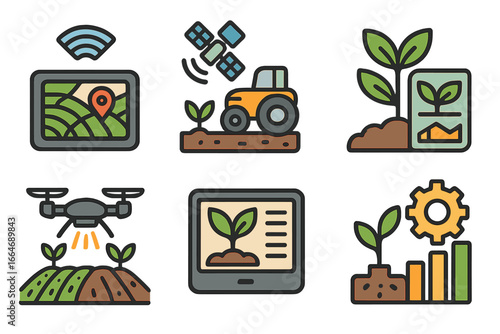 Agricultural technology vector icons for smart farming. Precision agriculture concept. Data-driven solutions for crop management, drone monitoring, automation, growth analysis.