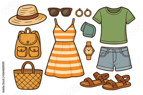 Summer fashion set. Woman casual outfit collection for vacation. Travel essentials flat lay. Female clothing and accessories. Dress, shorts, t-shirt, hat, bag, sandals, sunglasses.