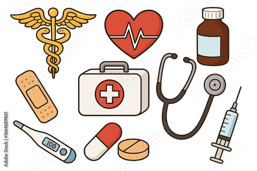Medical icon set. Healthcare essentials and first aid kit. Vector cartoon illustration. Caduceus, heart, stethoscope, syringe, pill, thermometer. Pharmacy and emergency concept.