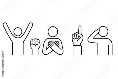 Victory gesture icons outline set with raised arms, clenched fist, hands on heart, pointing skyward, salute, vector illustration on transparent background