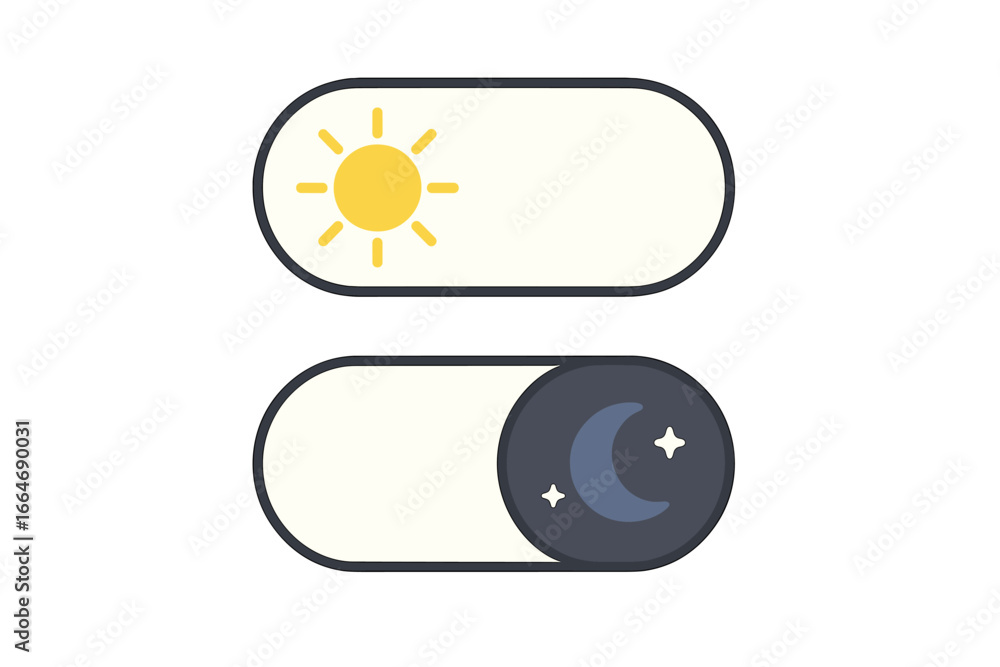 Fototapeta premium Vector day and night mode toggle switch. Light dark theme button for mobile app interface. Sun and moon icon for UI UX design concept. On off slider for application gadget.