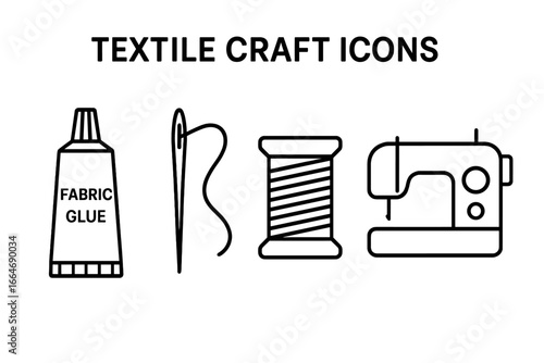 Textile Craft Icons Set, Outline Style Vector Illustration of Fabric Glue Tube, Sewing Needle with Thread, Thread Spool, and Sewing Machine for Sewing and Textile Art