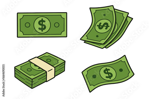 Vector dollar money illustration set. Cartoon cash banknotes for finance success or business solutions. Green currency bills, stack of money, and falling cash icons isolated.