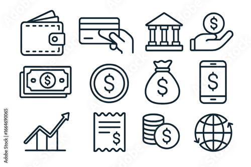 Finance & banking line icon set. Money, payment, and currency outline icons. Includes wallet, credit card, bank, cash, mobile payment, growth chart, global economy vector symbols.