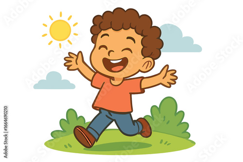 Happy child running outdoors on a sunny day. Joyful energetic boy playing in a park. Cute kid having fun. Concept of childhood freedom. Vector cartoon character illustration.