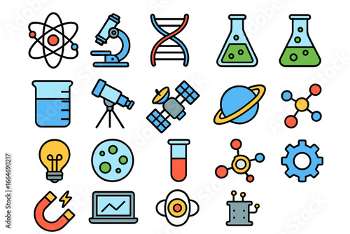 Science and technology icon set. Collection of scientific symbols for research, education, innovation. Vector icons for chemistry, biology, physics, astronomy, genetics, lab.