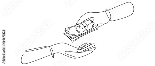 Continuous one line drawing hand receives money from the other hand. Wealth and prosperity concept. Single line draw design. Vector black silhouette. with white background