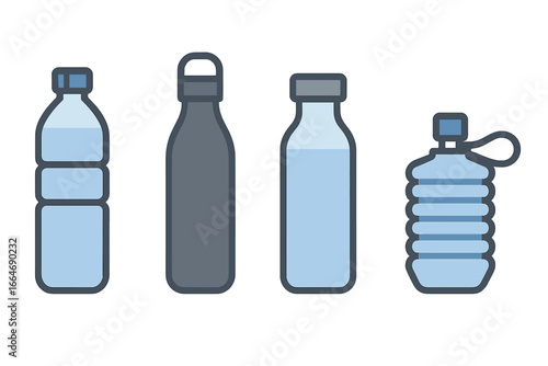 Water bottle icons set with plastic, stainless steel, glass, and collapsible bottles, flat vector illustration collection of reusable and portable hydration containers